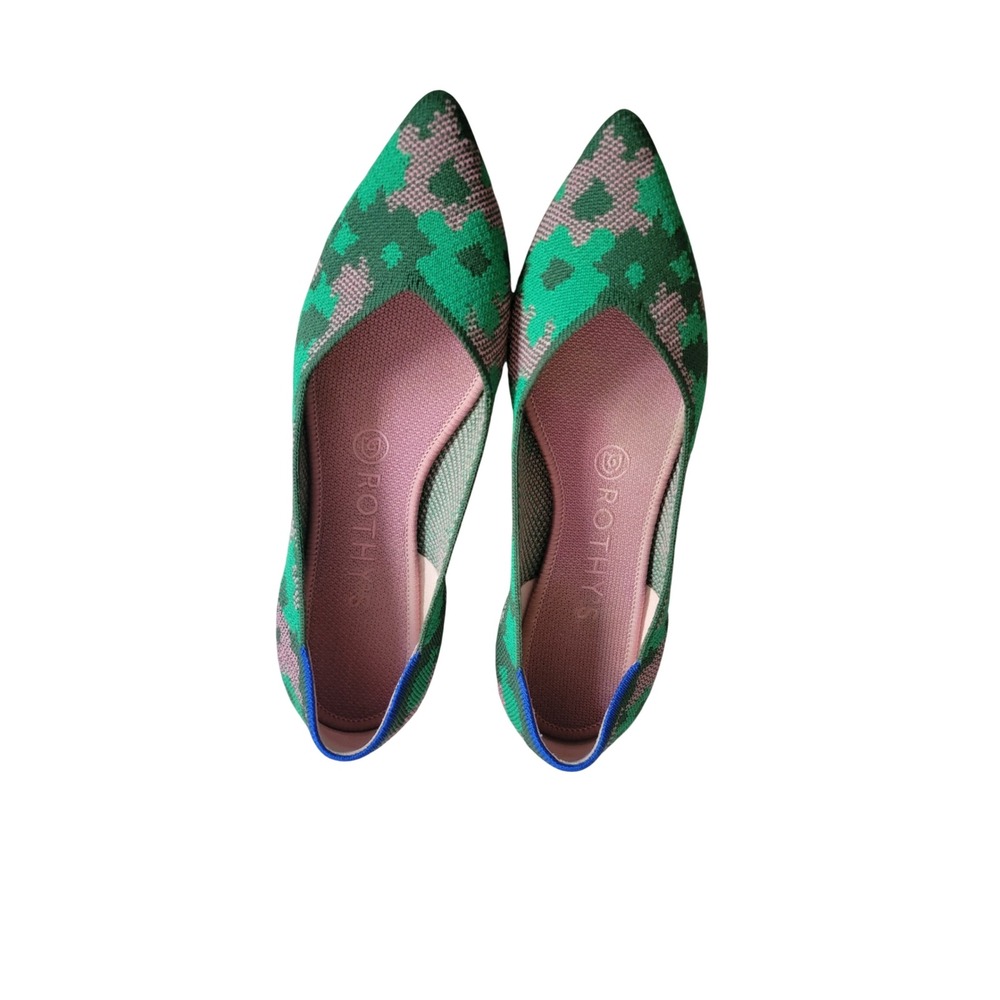 Rothys The Point Green Pink Pixel Floral Knit Pointed Toe Flats Womens 7